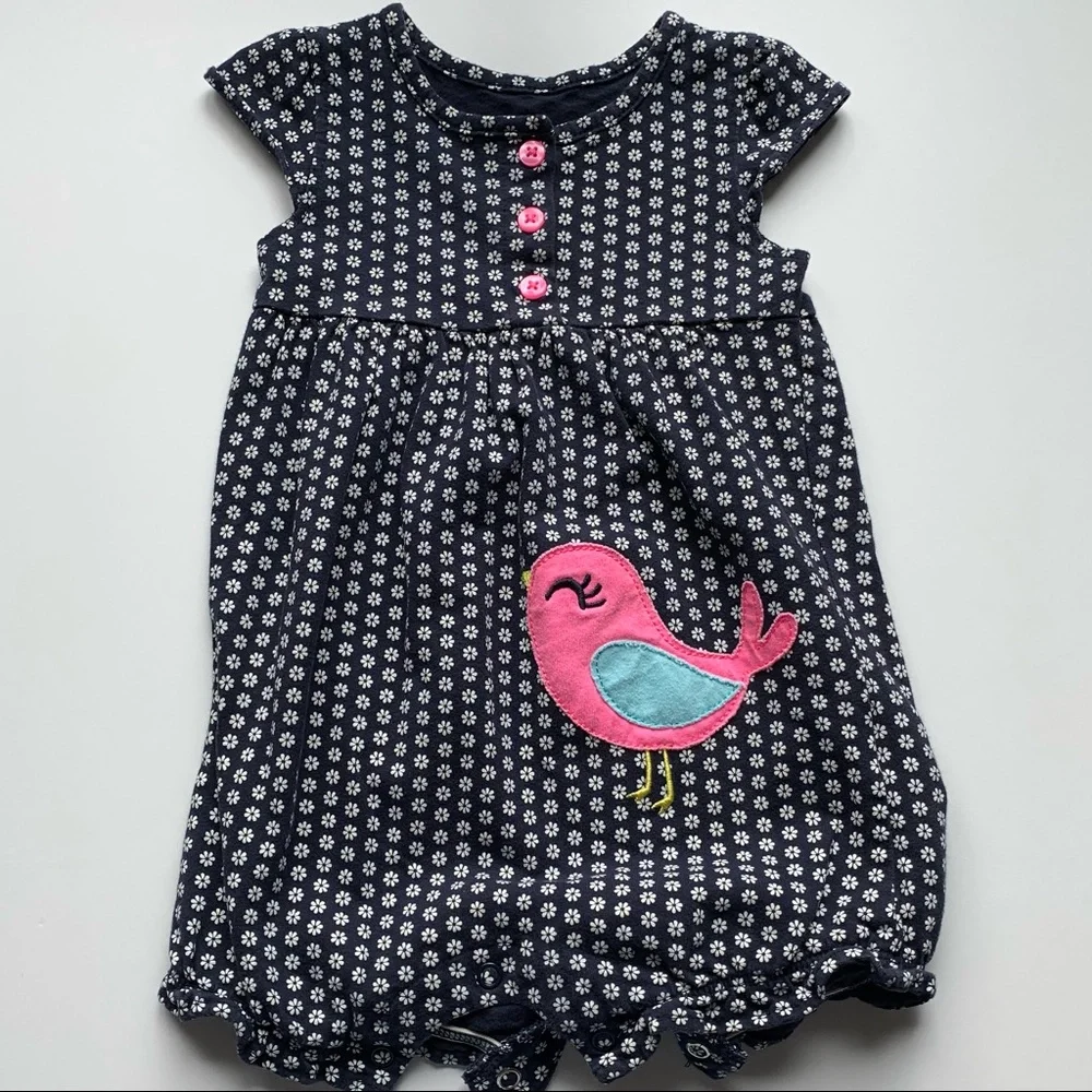 Carters Romper Floral Daisy Navy Pink Bird Outfit Girls Toddler Size 18 Months